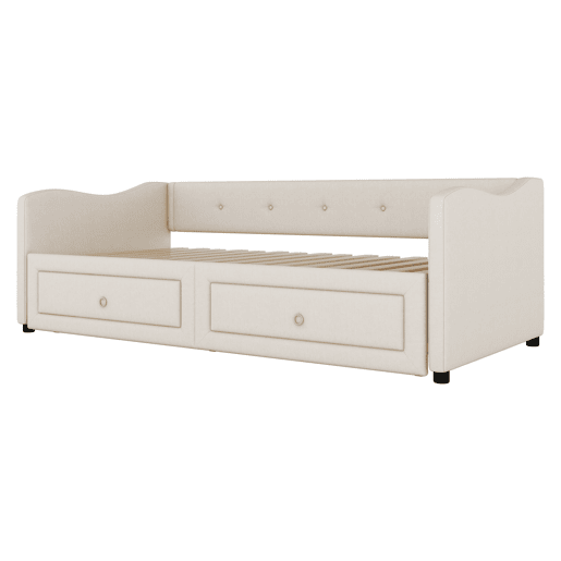 Cama de dia 90x200 cm - Cama extraível, sofá-cama com duas gavetas, linho, estilo minimalista, bege