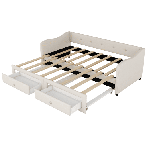 Cama de dia 90x200 cm - Cama extraível, sofá-cama com duas gavetas, linho, estilo minimalista, bege