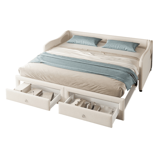 Cama de dia 90x200 cm - Cama extraível, sofá-cama com duas gavetas, linho, estilo minimalista, bege