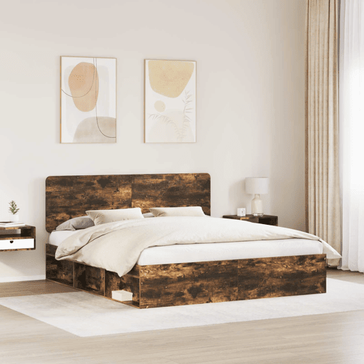 Estrutura de cama de casal com cabeceira - Carvalho Defumado 200 x 200 cm