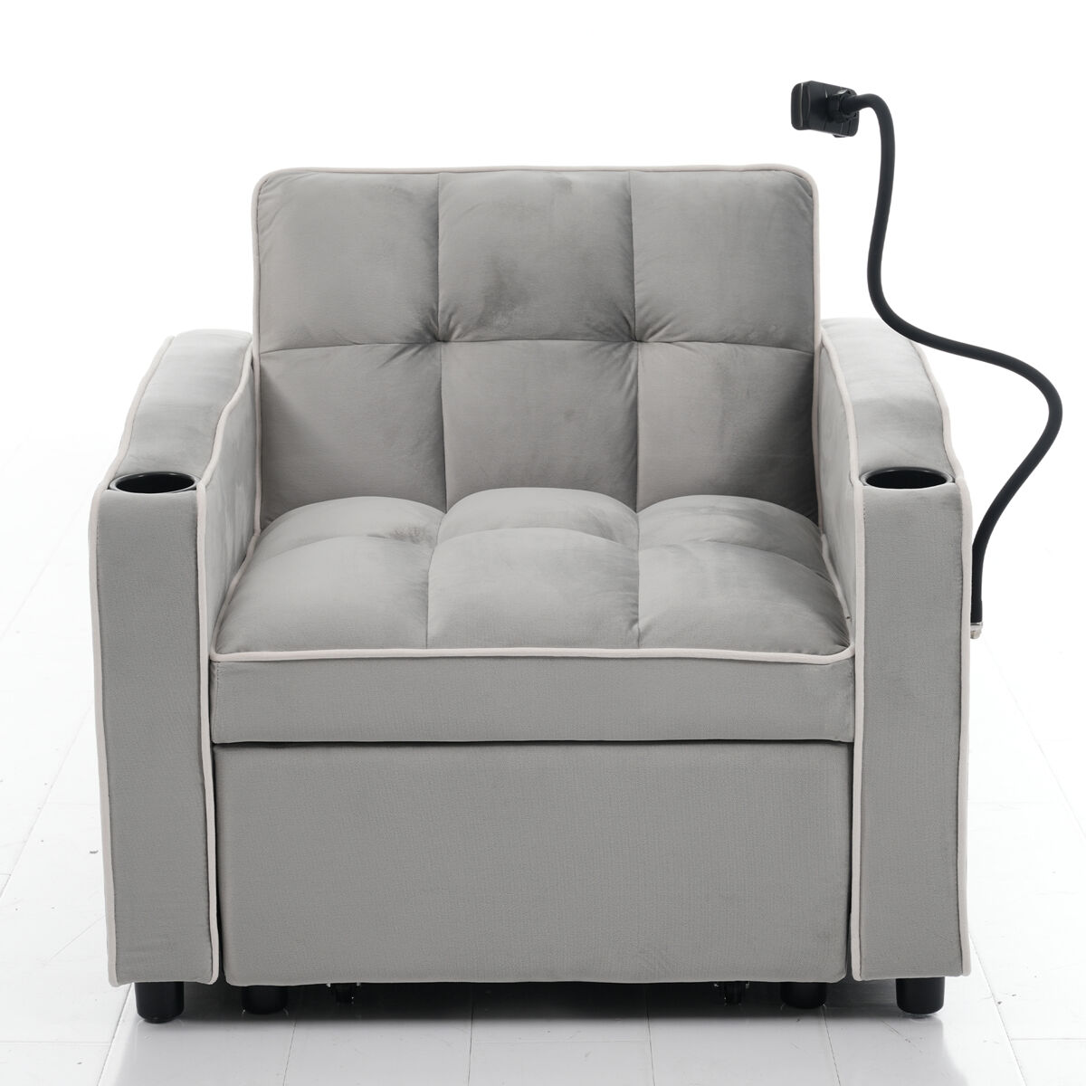 Sillón retráctil de terciopelo - con portavasos + soporte para teléfono móvil - gris claro