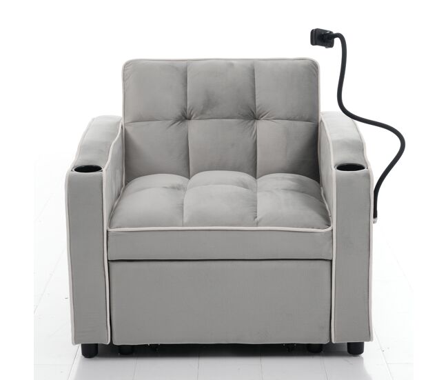 Sillón retráctil de terciopelo - con portavasos + soporte para teléfono móvil - gris claro