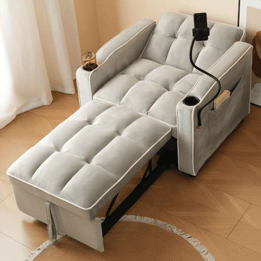 Poltrona retrátil de veludo - com suporte para copos + suporte para telemóvel - Cinzento claro