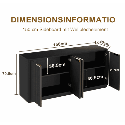 Aparador de 150 cm - Design ondulado, 4 portas, arrumação multifuncional - Preto