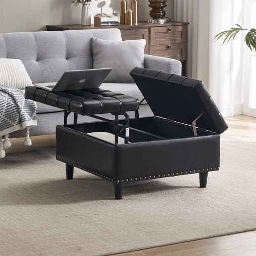 Banco de arrumação quadrado 75x75 cm - assento rebatível com espaço de arrumação - PU preto