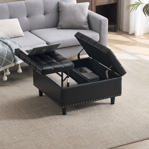 Banco de arrumação quadrado 75x75 cm - assento rebatível com espaço de arrumação - PU preto