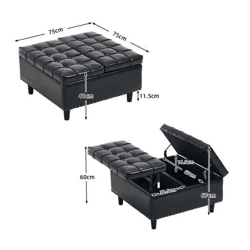 Banco de arrumação quadrado 75x75 cm - assento rebatível com espaço de arrumação - PU preto