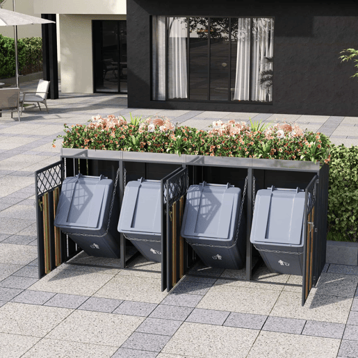 Contentor de lixo exterior 132x80x124,5 cm - com orifícios de ventilação em forma de losango, 4 portas, compartimentos fechados com chave e superfície para plantas - Cinza e Madeira