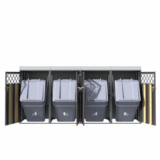 Contentor de lixo exterior 132x80x124,5 cm - com orifícios de ventilação em forma de losango, 4 portas, compartimentos fechados com chave e superfície para plantas - Cinza e Madeira