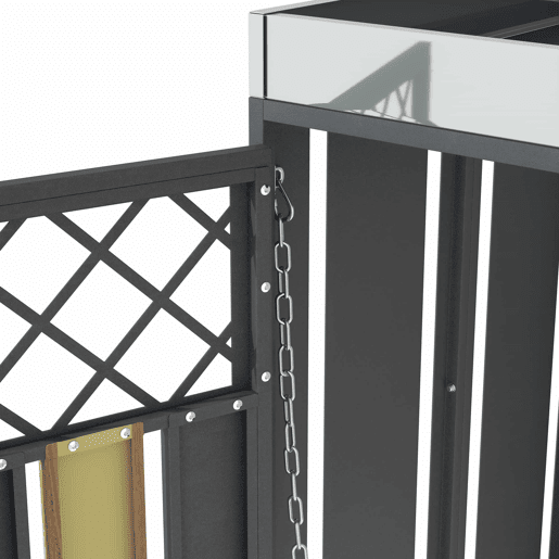 Contentor de lixo exterior 132x80x124,5 cm - com orifícios de ventilação em forma de losango, 4 portas, compartimentos fechados com chave e superfície para plantas - Cinza e Madeira