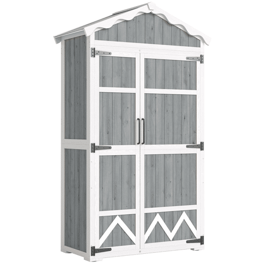 Outsunny Armário de Jardim de Madeira 105x55x179 cm Abrigo de Exterior Impermeável Armário Exterior Ferramentas com Portas 4 Prateleiras Extraíveis Tecto Metal Galvanizado Pés Ajustáveis Cinza