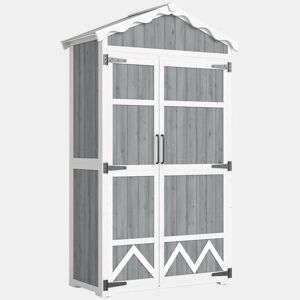 Outsunny Armário de Jardim de Madeira 105x55x179 cm Abrigo de Exterior Impermeável Armário Exterior Ferramentas com Portas 4 Prateleiras Extraíveis Tecto Metal Galvanizado Pés Ajustáveis Cinza