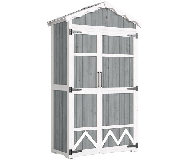 Outsunny caseta de jardín de madera 105x55x179 cm cobertizo jardín exterior impermeable armario exterior herramientas con puertas 4 estantes extraíbles techo metal galvanizado pies ajustables gris
