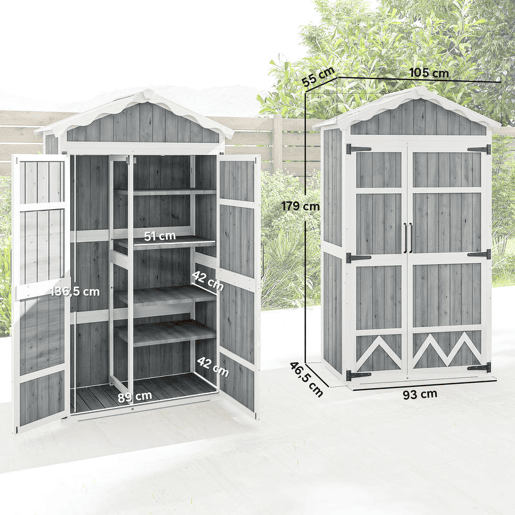 Outsunny Armário de Jardim de Madeira 105x55x179 cm Abrigo de Exterior Impermeável Armário Exterior Ferramentas com Portas 4 Prateleiras Extraíveis Tecto Metal Galvanizado Pés Ajustáveis Cinza