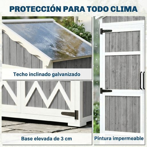 Outsunny Armário de Jardim de Madeira 105x55x179 cm Abrigo de Exterior Impermeável Armário Exterior Ferramentas com Portas 4 Prateleiras Extraíveis Tecto Metal Galvanizado Pés Ajustáveis Cinza