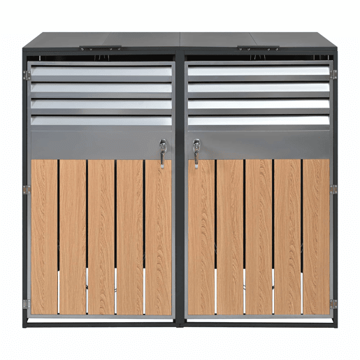 Contentor do lixo 132x80x118,5 cm - com tampa basculante, ventilação com ripas, compartimentos para lixo, com fechadura, duas portas - Cinza, Madeira
