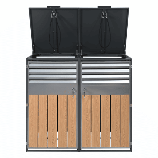 Contentor do lixo 132x80x118,5 cm - com tampa basculante, ventilação com ripas, compartimentos para lixo, com fechadura, duas portas - Cinza, Madeira