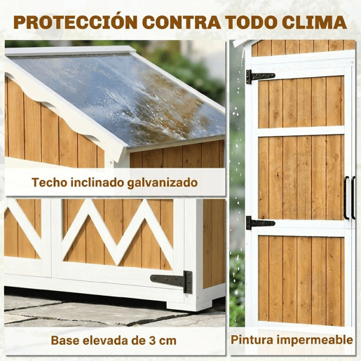 Outsunny Armário de Jardim de Madeira 105x55x179 cm Abrigo de Exterior Impermeável Armário Exterior Ferramentas com Portas 4 Prateleiras Extraíveis Tecto Metal Galvanizado Pés Ajustáveis Madeira