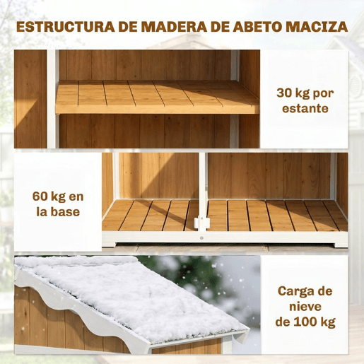 Outsunny Armário de Jardim de Madeira 105x55x179 cm Abrigo de Exterior Impermeável Armário Exterior Ferramentas com Portas 4 Prateleiras Extraíveis Tecto Metal Galvanizado Pés Ajustáveis Madeira