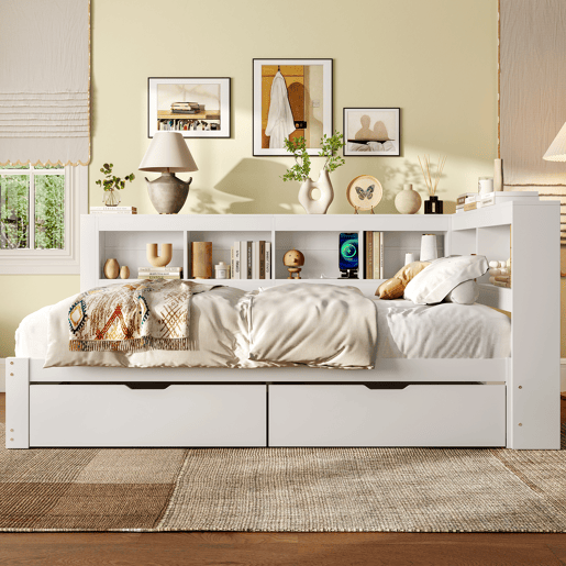 Sofá-cama 140x200 cm - Com 2 gavetas, tomada e 2 portas USB, com estrado - Branco