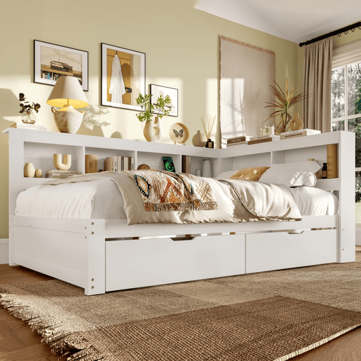Sofá-cama 140x200 cm - Com 2 gavetas, tomada e 2 portas USB, com estrado - Branco