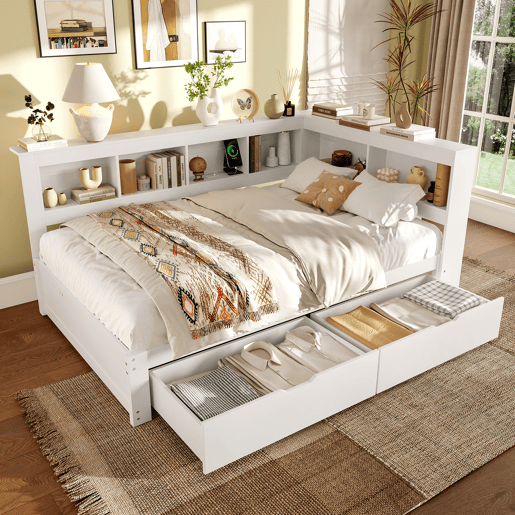 Sofá-cama 140x200 cm - Com 2 gavetas, tomada e 2 portas USB, com estrado - Branco