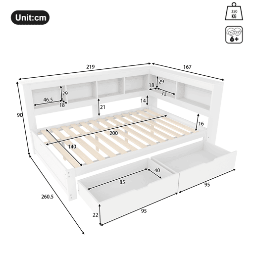 Sofá-cama 140x200 cm - Com 2 gavetas, tomada e 2 portas USB, com estrado - Branco