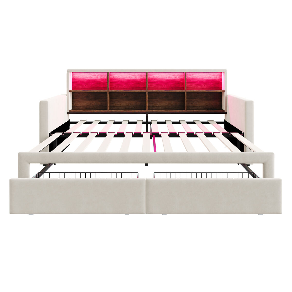 Sofá cama extensible 90/180x190 cm - cabecero con almacenamiento, led, 2 cajones, lamas, beige