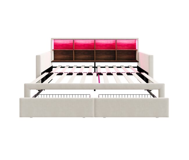 Sofá cama extensible 90/180x190 cm - cabecero con almacenamiento, led, 2 cajones, lamas, beige