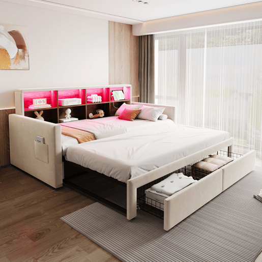 Sofá-cama extensível 90180x190 cm - Cabeceira com arrumação, LED, 2 gavetas, ripas, bege