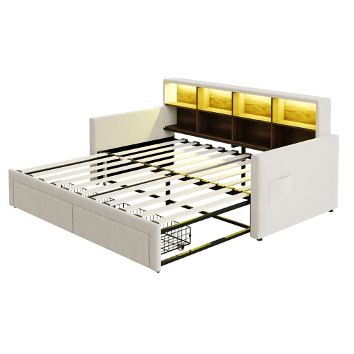 Sofá-cama extensível 90180x190 cm - Cabeceira com arrumação, LED, 2 gavetas, ripas, bege
