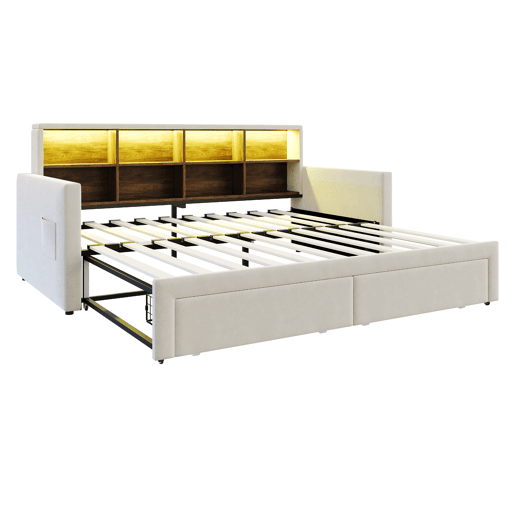 Sofá-cama extensível 90180x190 cm - Cabeceira com arrumação, LED, 2 gavetas, ripas, bege