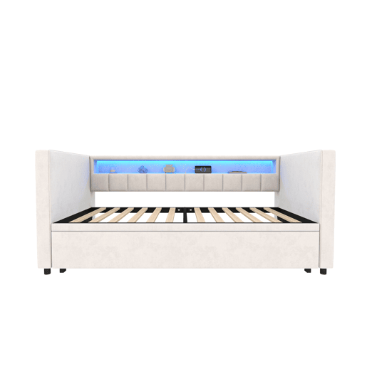 Sofá-cama multifuncional 90x190 cm - Cama extensível, USB-Type-C, LED ambiente, veludo, com arrumação - Bege