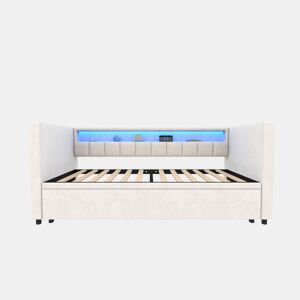 Sofá-cama multifuncional 90x190 cm - Cama extensível, USB-Type-C, LED ambiente, veludo, com arrumação - Bege