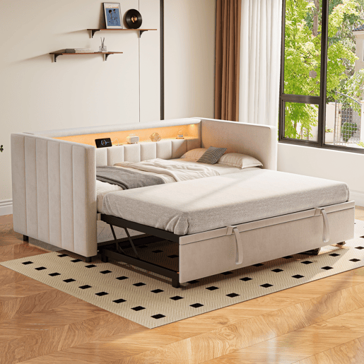 Sofá-cama multifuncional 90x190 cm - Cama extensível, USB-Type-C, LED ambiente, veludo, com arrumação - Bege