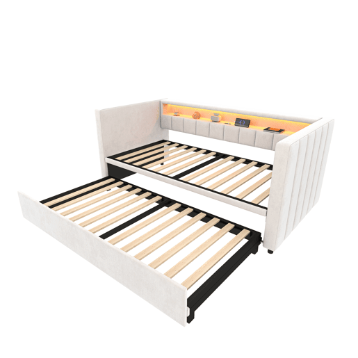 Sofá-cama multifuncional 90x190 cm - Cama extensível, USB-Type-C, LED ambiente, veludo, com arrumação - Bege
