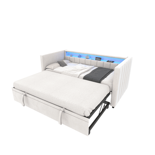 Sofá-cama multifuncional 90x190 cm - Cama extensível, USB-Type-C, LED ambiente, veludo, com arrumação - Bege
