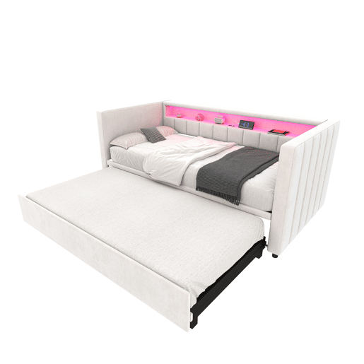 Sofá-cama multifuncional 90x190 cm - Cama extensível, USB-Type-C, LED ambiente, veludo, com arrumação - Bege