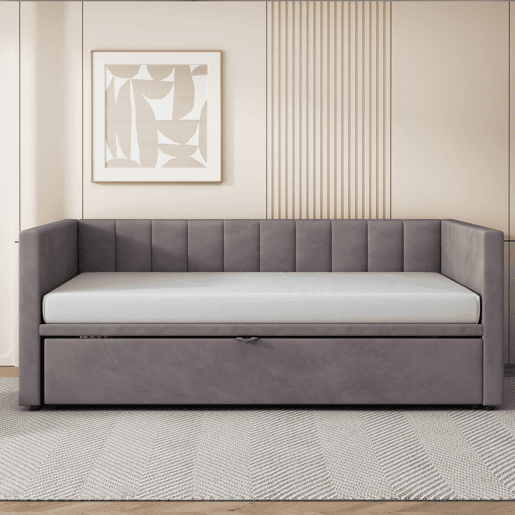Sofá-cama 90180x200 cm - Com estrado de ripas, multifuncional, veludo cinzento