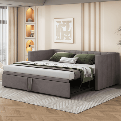 Sofá-cama 90180x200 cm - Com estrado de ripas, multifuncional, veludo cinzento