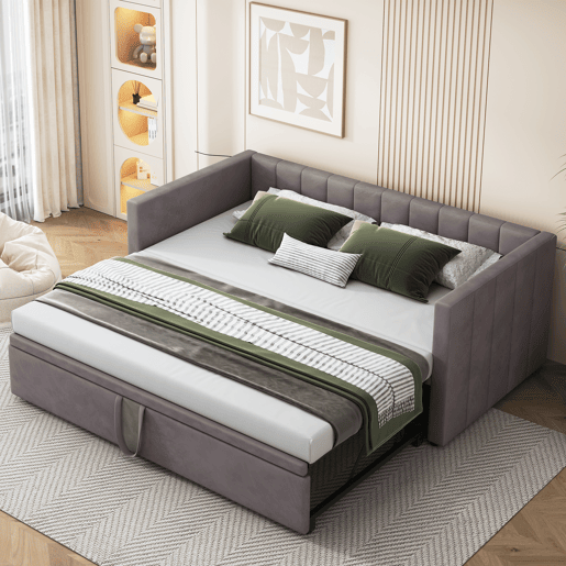 Sofá-cama 90180x200 cm - Com estrado de ripas, multifuncional, veludo cinzento