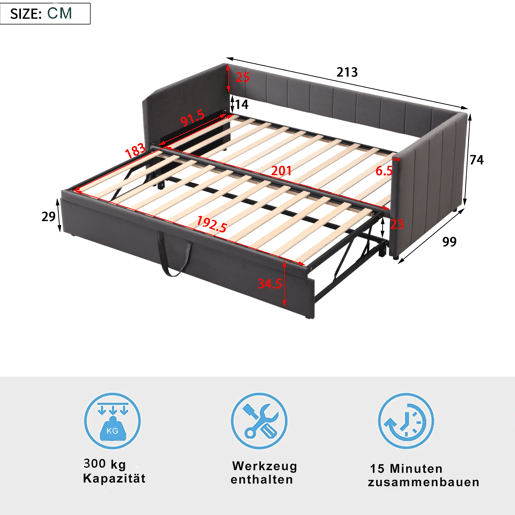 Sofá-cama 90180x200 cm - Com estrado de ripas, multifuncional, veludo cinzento
