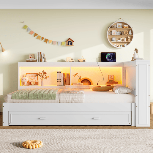 Cama de dia 90x200 cm - Sofá-cama, com cama extraível, com luzes LED, 1 USB, 1 Tipo-C, Branco