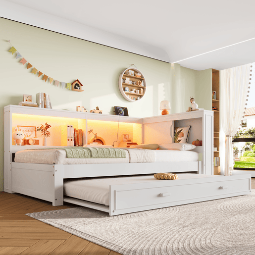 Cama de dia 90x200 cm - Sofá-cama, com cama extraível, com luzes LED, 1 USB, 1 Tipo-C, Branco