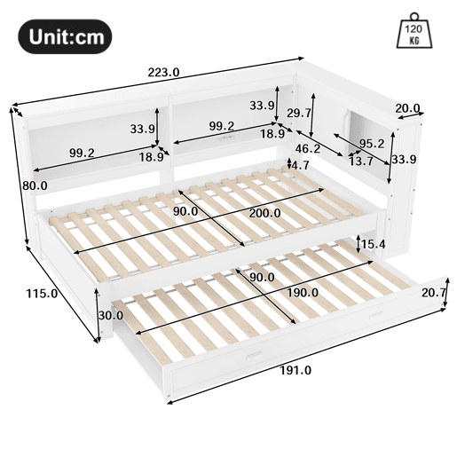 Cama de dia 90x200 cm - Sofá-cama, com cama extraível, com luzes LED, 1 USB, 1 Tipo-C, Branco