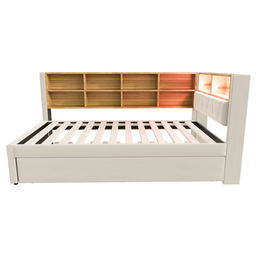 Sofá-cama 90x200 - Cama extraível 90x190, com luzes LED, tomadas e compartimentos, Polsterbett multifuncional, cama individual, Flanela - Bege