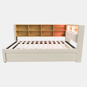 Sofá-cama 90x200 - Cama extraível 90x190, com luzes LED, tomadas e compartimentos, Polsterbett multifuncional, cama individual, Flanela - Bege