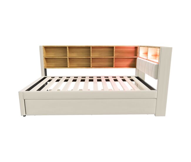 Sofá cama 90x200 - cama extraíble 90x190, con luces led, enchufes y compartimentos, polsterbett multifuncional, cama individual, flanela - beige