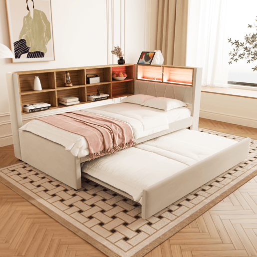 Sofá-cama 90x200 - Cama extraível 90x190, com luzes LED, tomadas e compartimentos, Polsterbett multifuncional, cama individual, Flanela - Bege