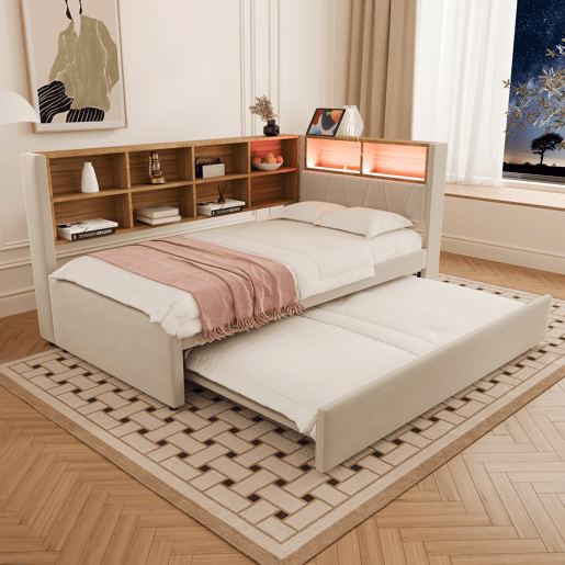 Sofá-cama 90x200 - Cama extraível 90x190, com luzes LED, tomadas e compartimentos, Polsterbett multifuncional, cama individual, Flanela - Bege